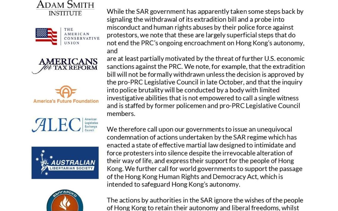 Centrum Kapitalizmu dołącza do Koalicji Hongkongijskiej